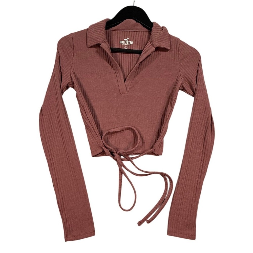 Hollister Ribbed Long Sleeve Tie Crop Top Mauve Pink Small Balletcore Clean Girl
